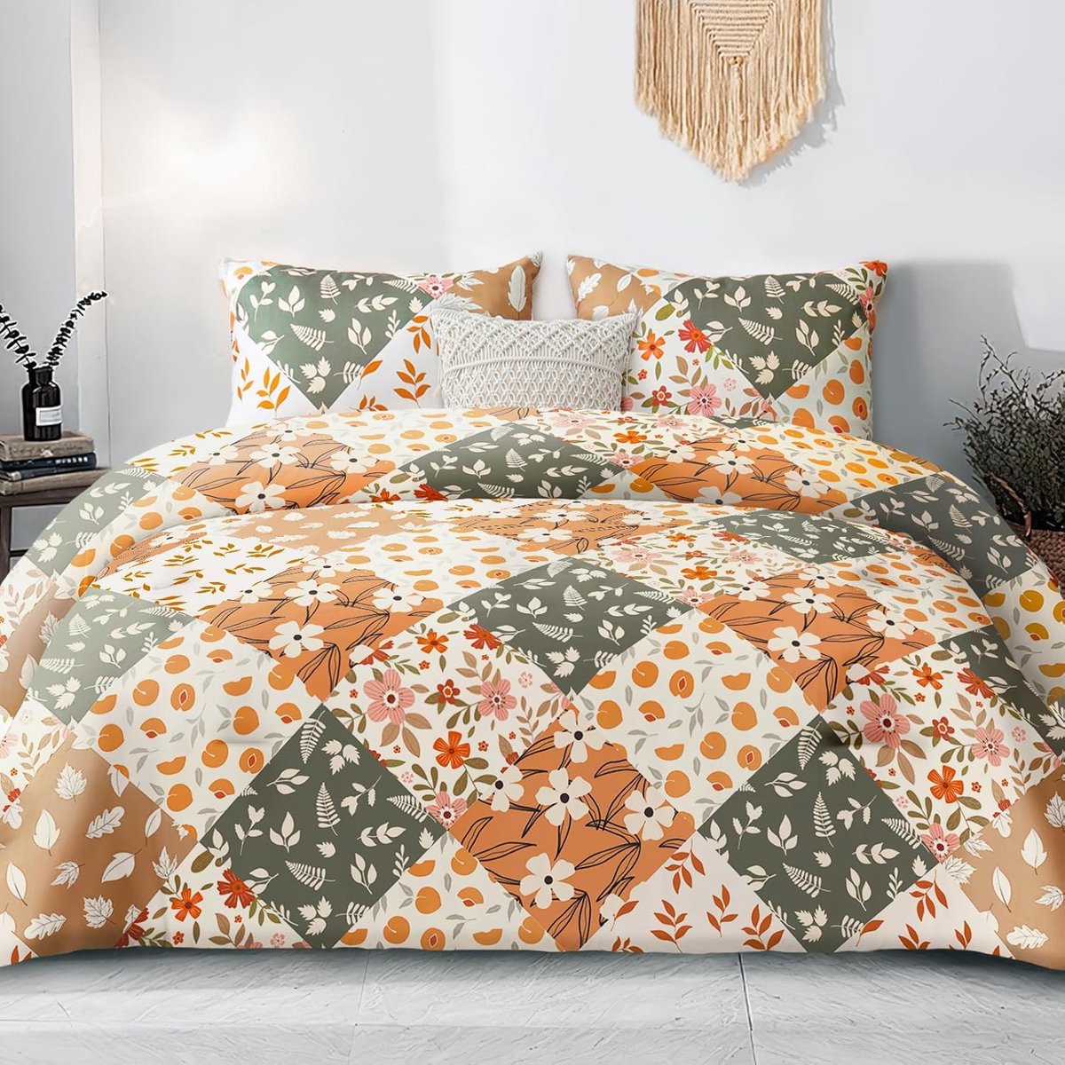 SnelShoppen - Whale Flotilla Duvet 220x230 cm, Ademend Zacht Dekbed 4 Seizoenen met 2 Kussenslopen Oranje Ruit, Perfect voor Comfortabel Slapen