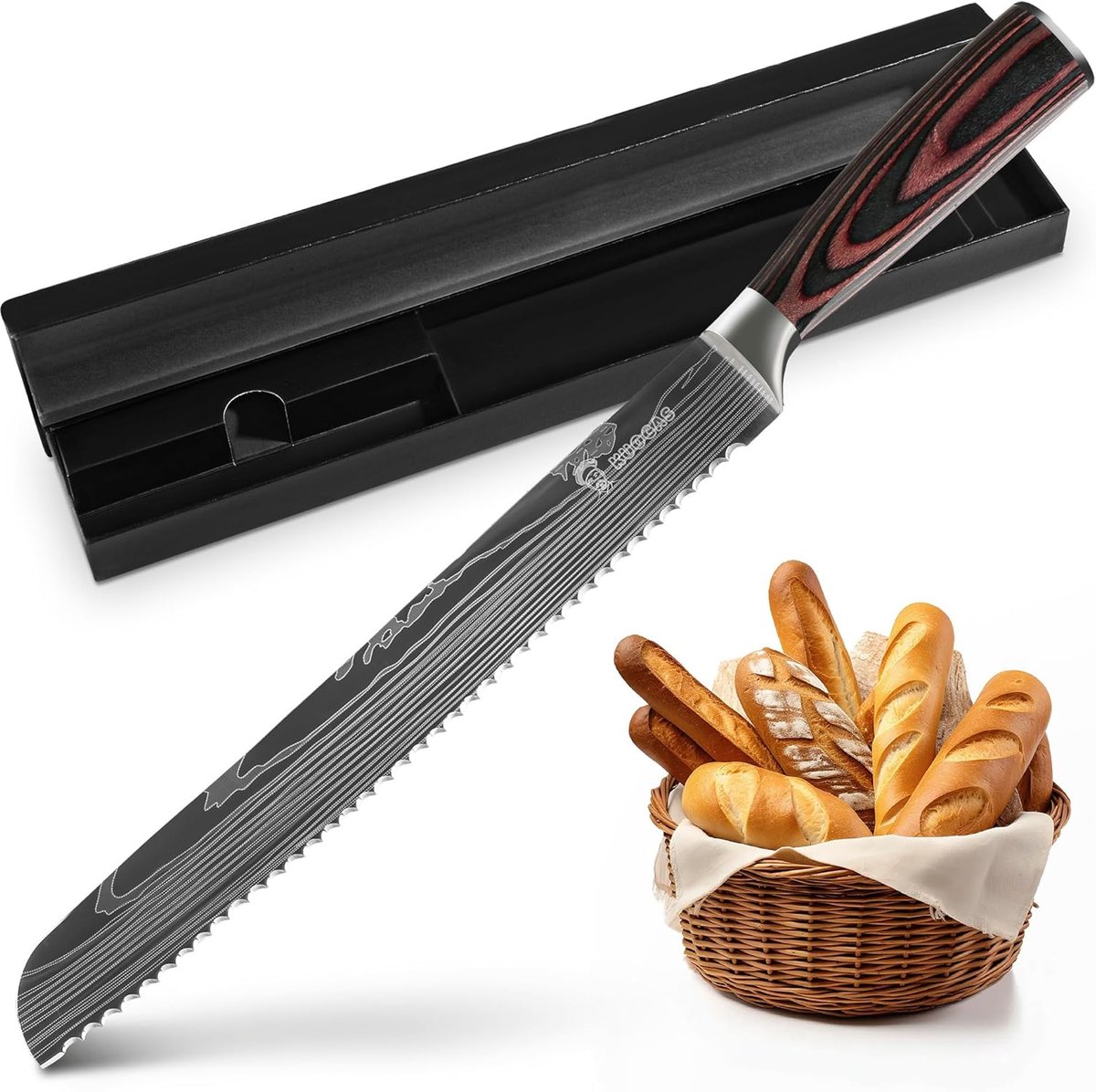 SnelShoppen - Ultra-Scherpe Broodmes 26 cm met Kartelrand, Hoogwaardige RVS, Ergonomisch Pakka Hout Handvat, Perfect voor Keuken, Feest en Camping