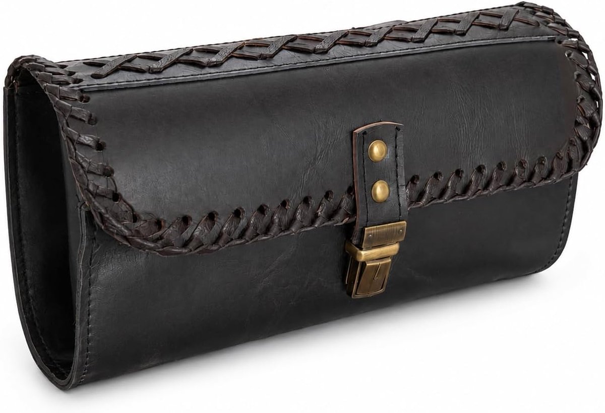 SnelShoppen - Vintage Echt Geitenleer Motortas met 2 Riem Gesp Sluiting - Bruine Gereedschapstas voor Snelle Uitlaat en Versterkte Stuur Voorvork - Le