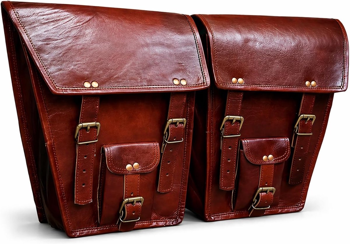 SnelShoppen - 2x Bruin Leren Motorfiets Zadeltassen - Heren Side Pouch - Ideaal voor Fiets en Motor - Ruime Zijzakken voor Veilig Opbergen
