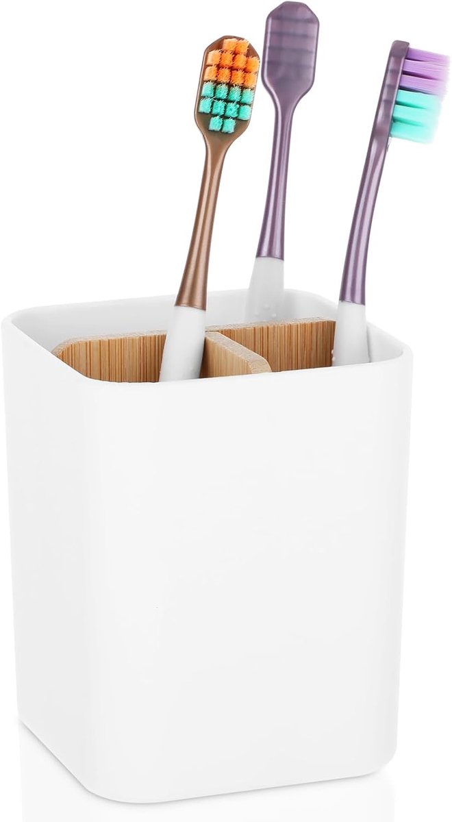 SnelShoppen - Tandenborstelhouder met Bamboe Verdeler - Antislip Kunststof Caddy met 3 Sleuven - Wit - Perfect voor Badkamer Organisatie en Opslag