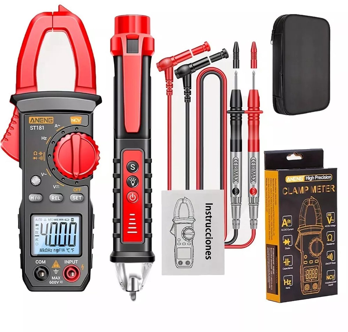 Digitale stroomtang/multimeter - Stroomtang is ST181 - Testpen is VD802 - AC 400A stroomtang - NCV (contactloze stroommeting) – Zeer nauwkeurige spanningsmeting – Multifunctioneel testen - Geschikt voor elektriciens en doe-het-zelvers