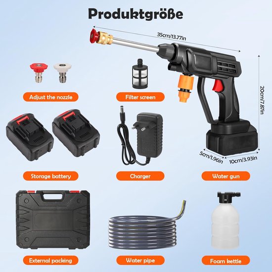 SnelShoppen - Draadloze Hogedrukreiniger 60 Bar, 300 W, Accu, Draagbaar Sproeiwaterpistool met 2x1500 mAh Accu's, Verstelbare Sproeimond, 5 m Slang vo van Snelshoppen — afbeelding 4