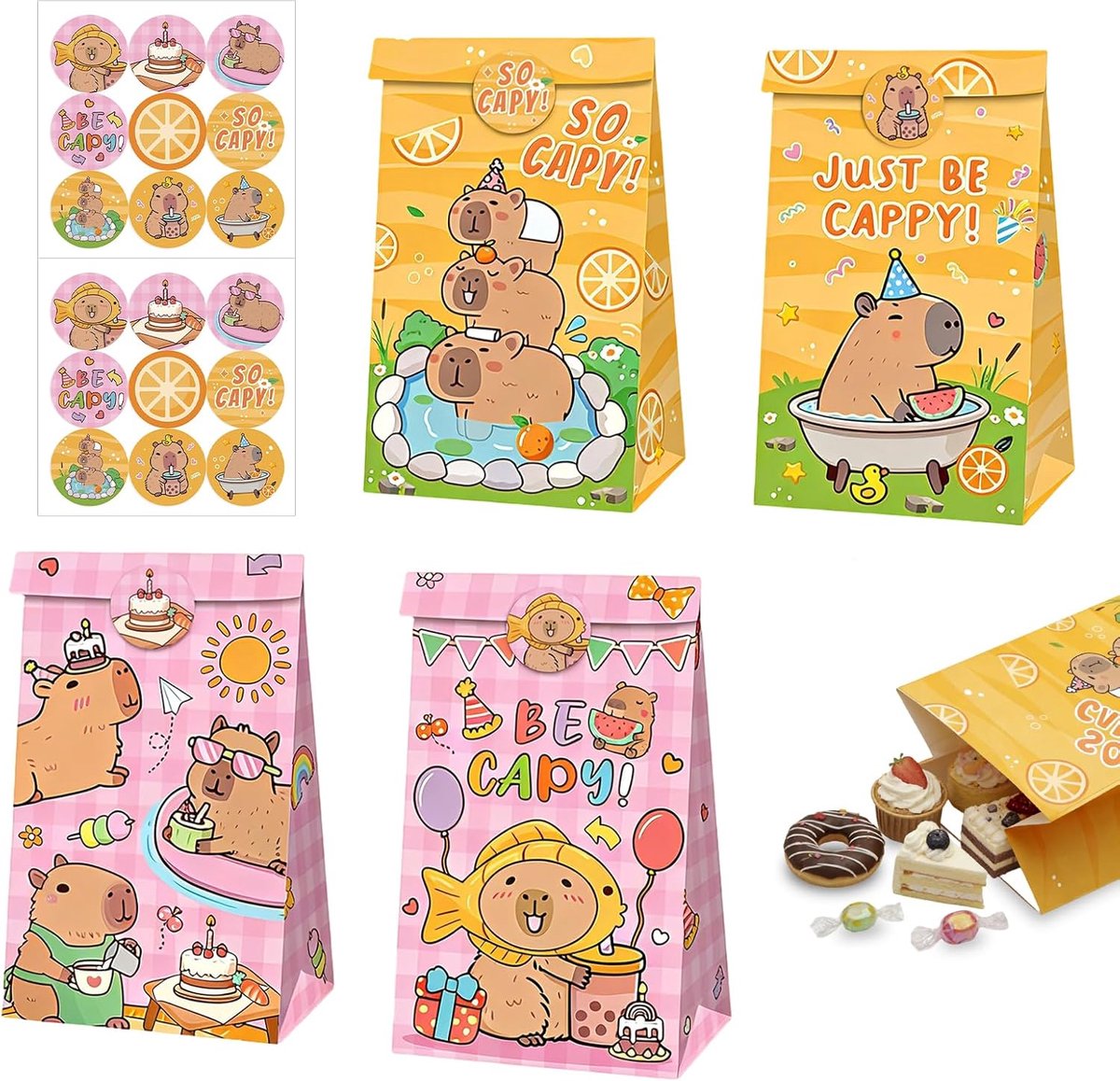 SnelShoppen - Cadeautasjes voor Kinderverjaardagen, 12 Papieren Tasjes met Capibara-Design, 22x12x8 cm, Feesttasjes voor Verpakken van Cadeaus, Feestj