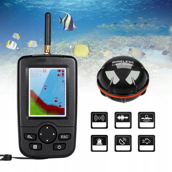 Draagbare visvinder- Draadloos fishfinder- 100 m bereik - 90° Sonarsensor - 0,6-45 m diepte - LED-display - voor vissen in meren, rivieren en kust