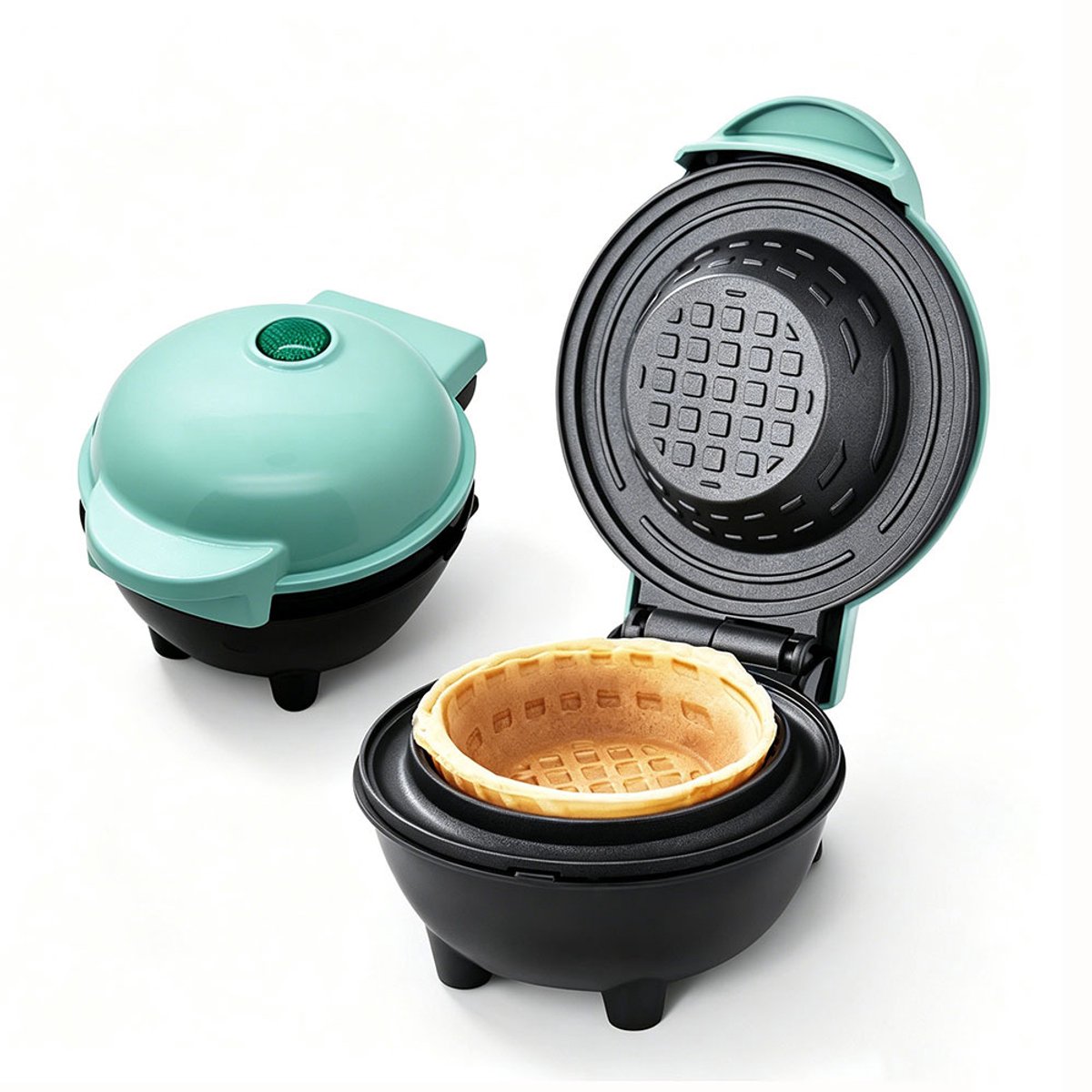 Mini Waffle Bowl Maker (groen), kleine wafelbekermaker voor het maken van ijscoupes, burrito-kommen en desserts, 350 W snel verwarmende wafelijzer met antiaanbaklaag, klein en draagbaar, geschikt voor kinderen, gezinnen en ontbijt