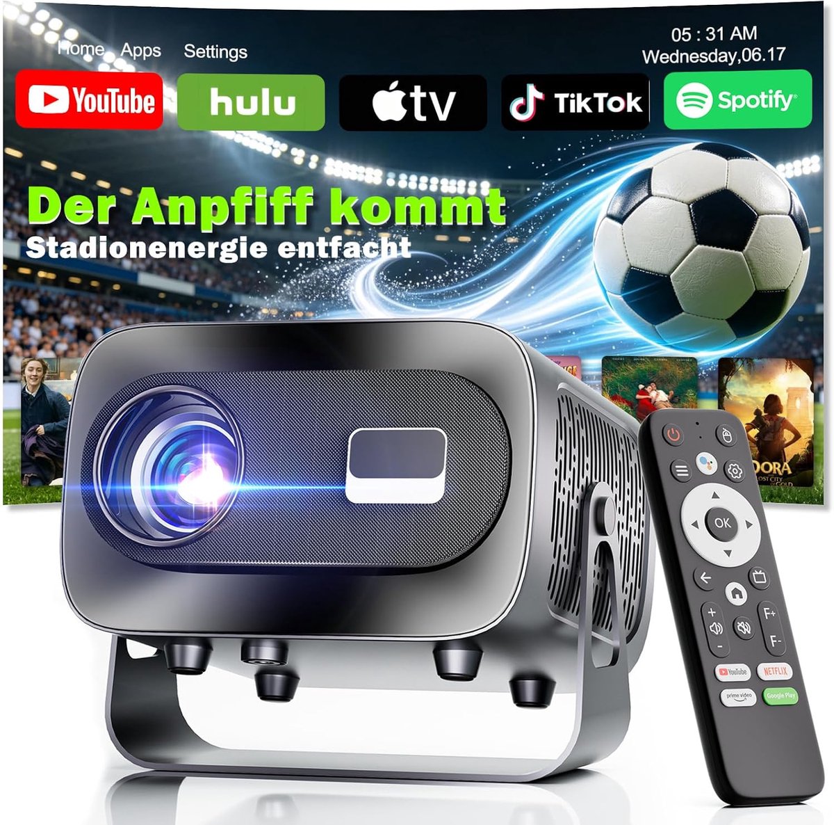 SnelShoppen - Mini-Beamer 4K Smart Beamer met Full HD 1080p, 1000 Lumen, Autofocus, Trapeziumcorrectie, 360° Rotatie, Wifi en Bluetooth, Draagbaar voo