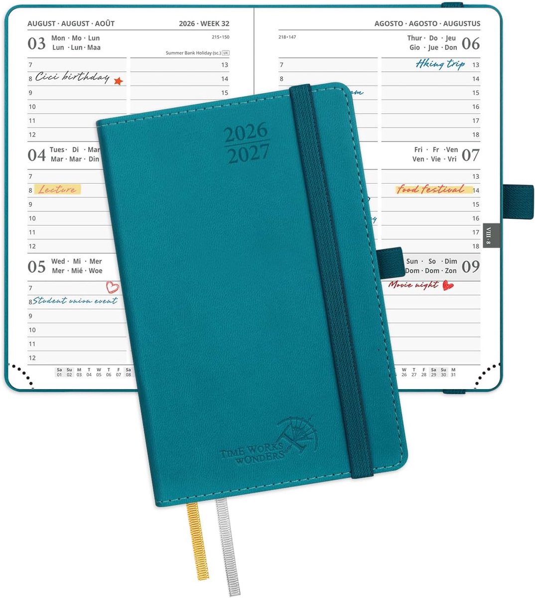 SnelShoppen - Agenda Pocket 2026 2027 Weekplanner 16x10,5 cm - Zachte PU Lederen Kaft - 17 Maanden - Pacificgroen - Perfect voor School, Werk en Perso