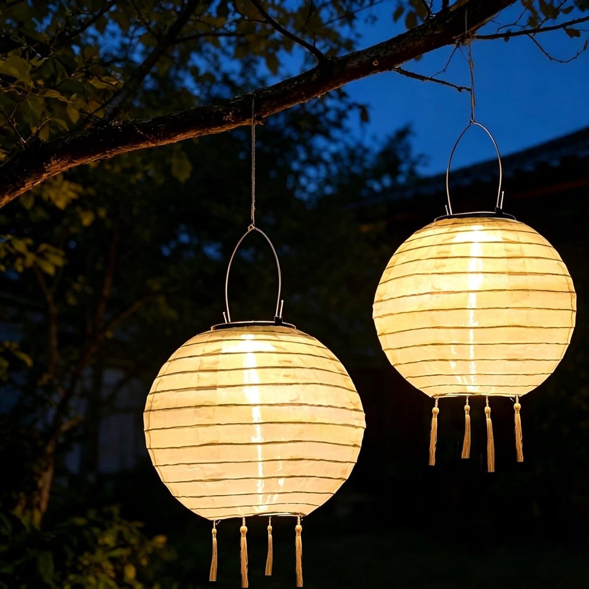 Solar Lantaarns Buiten - Decoratieve Verlichting - Tuin Sfeerverlichting - Waterproof Nylon Materiaal - 2 Stuks 25cm - Wit