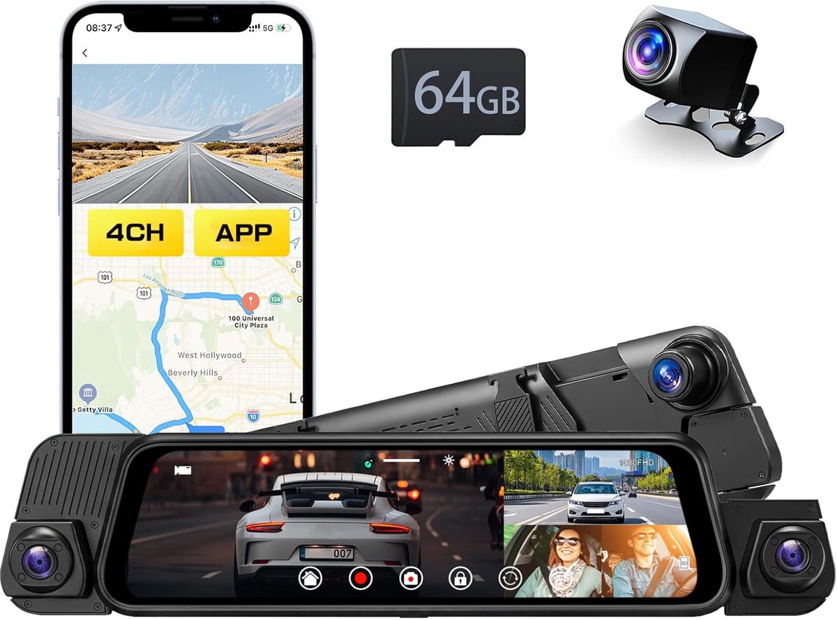 SnelShoppen - 4-kanaals Spiegel Dashcam Auto met 9,66 inch IPS-Touchscreen, WiFi & App, G-Sensor, Loopopname, HDR Nachtzicht, 150° Groothoek, 64 GB Ka