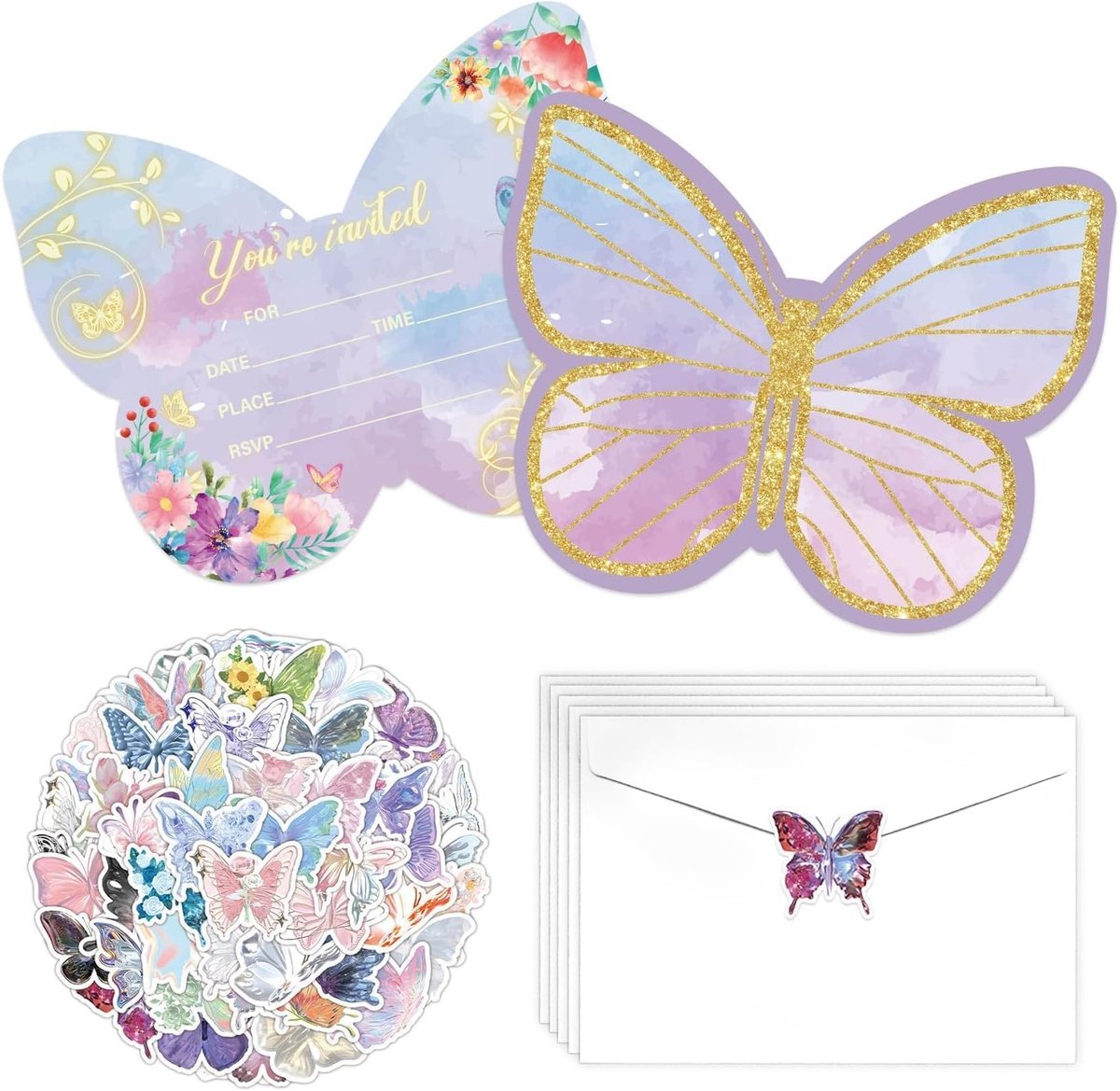 SnelShoppen - 20 Sets Vlinder Verjaardag Uitnodigingen met Enveloppen en Stickers voor Meisjes - Vlinder Thema Verjaardagsfeest, Baby Shower, Bruiloft