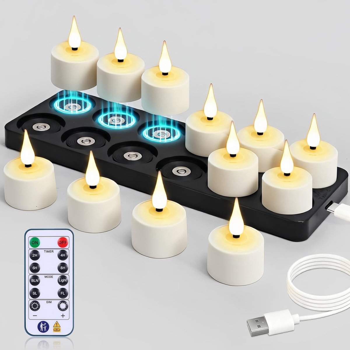 SnelShoppen - 12 Stuks Magnetische Oplaadbare Theelichtjes met Laadstation en Afstandsbediening, Vlamloze LED Kaarsen voor Thuis, Decoratie, Flikkeren