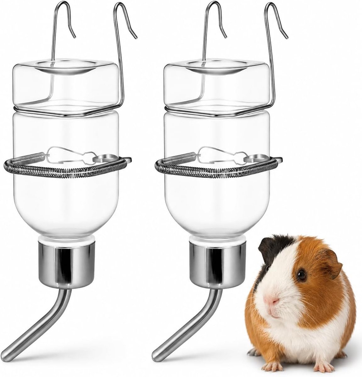 VHV - Drinkfles konijn - Knaagbestendige drinkfles voor knaagdieren - Druppelvrije hangende waterdispenser - Voor hamster, cavia, fret en konijn - Set van 2 - 21cm - Transparant