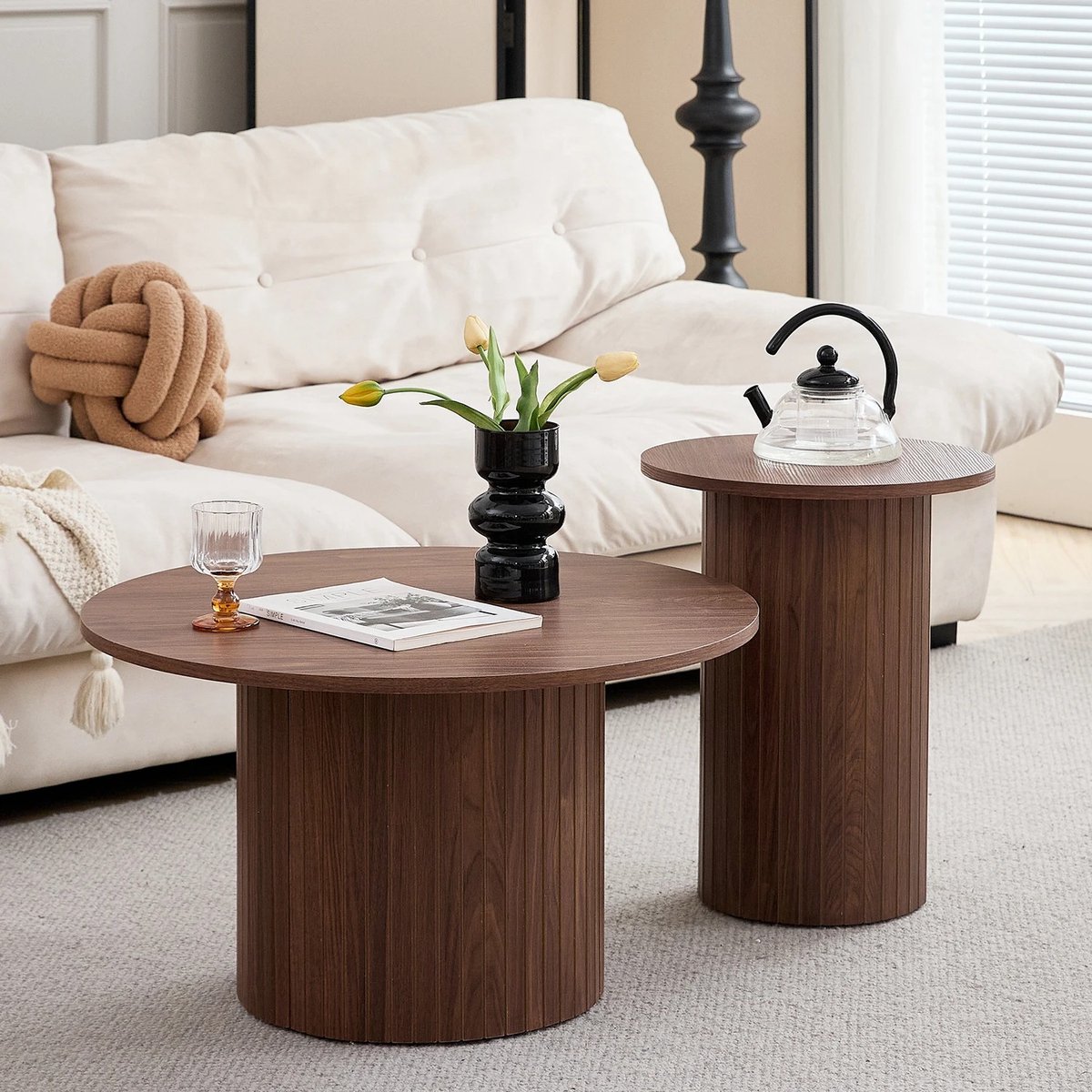 DailyDamaar salontafel set - Bijzettafel - Tafels - Rond - Set van 2 - Hoogwaardig MDF - Houtlook - Diameters: 70 en 40 cm - Bruin