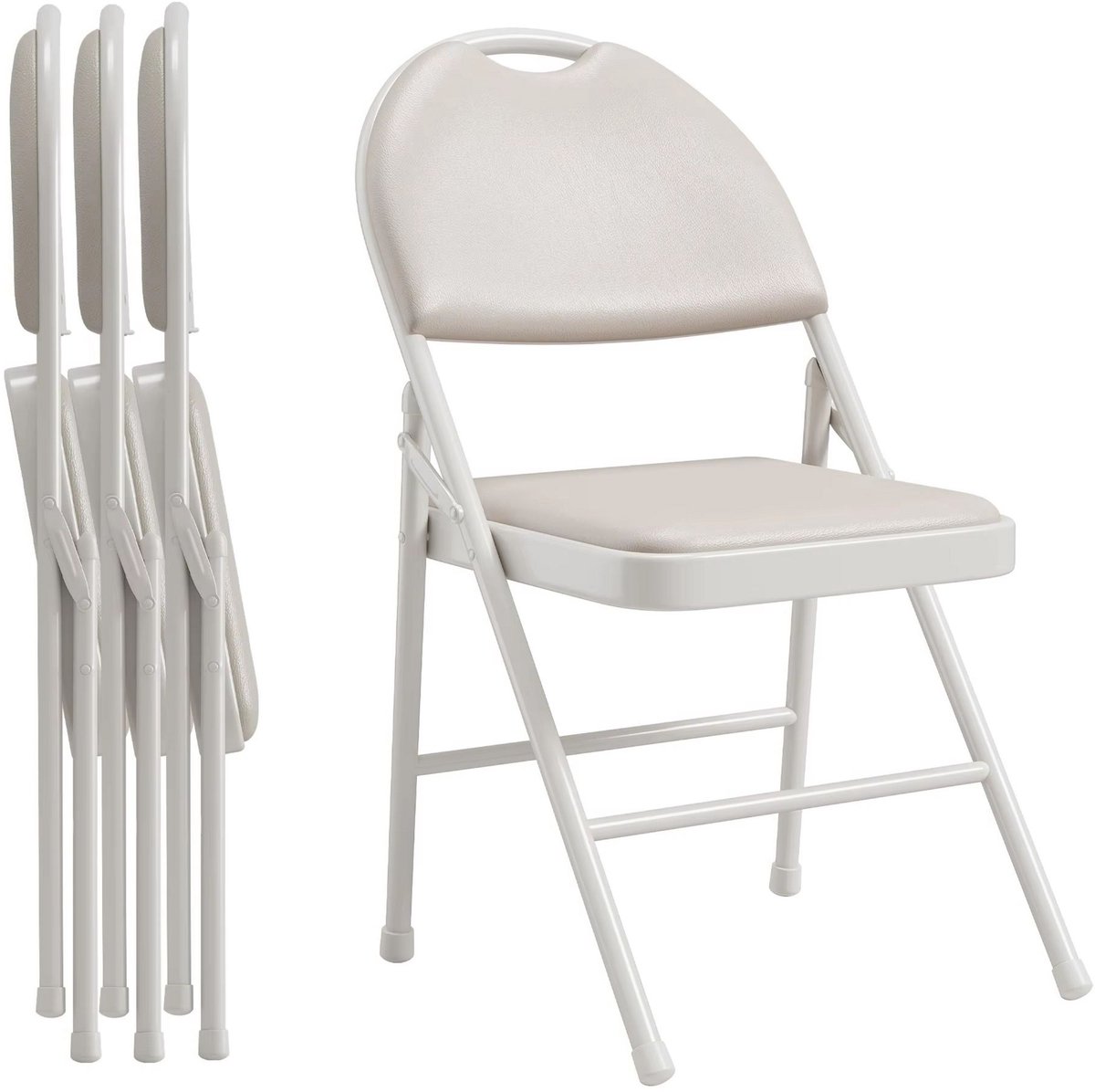 Set van 4 Opvouwbare Stoelen - Stapelbaar Comfort design met Rugleuning - voor feesten en kantoor - Beige PU Leer en Metaal - Grijs