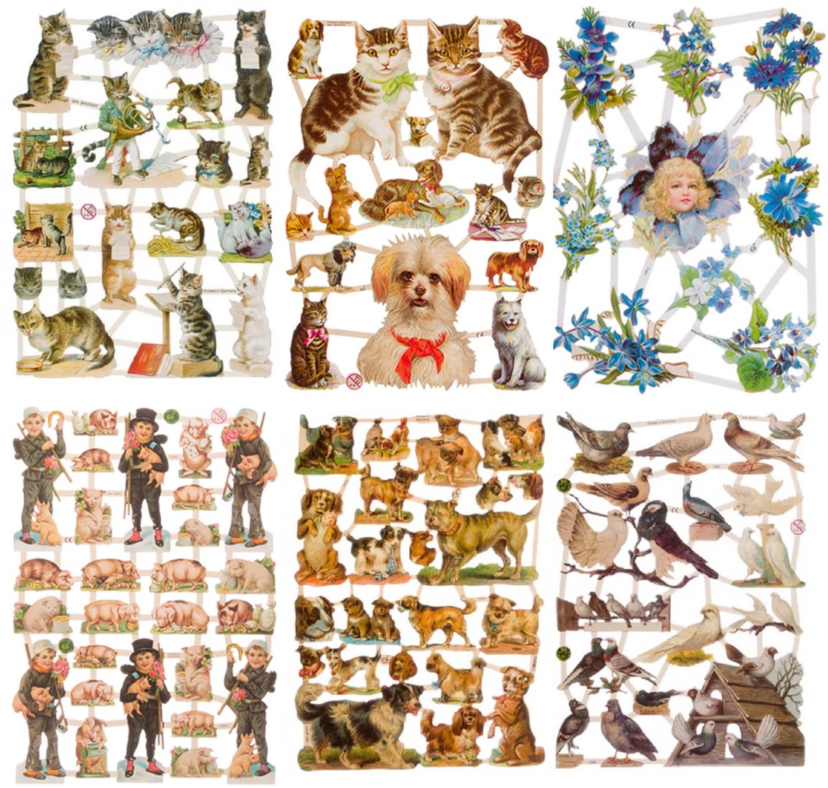 Poëzieplaatjes - 6 vellen - plaatjes - hobby - creatief - decoupage - knutselen - scrapboek - met KATTEN - BOERDERIJ DIEREN - BLOEMEN - VOGELS - DONDEN - DUIVEN