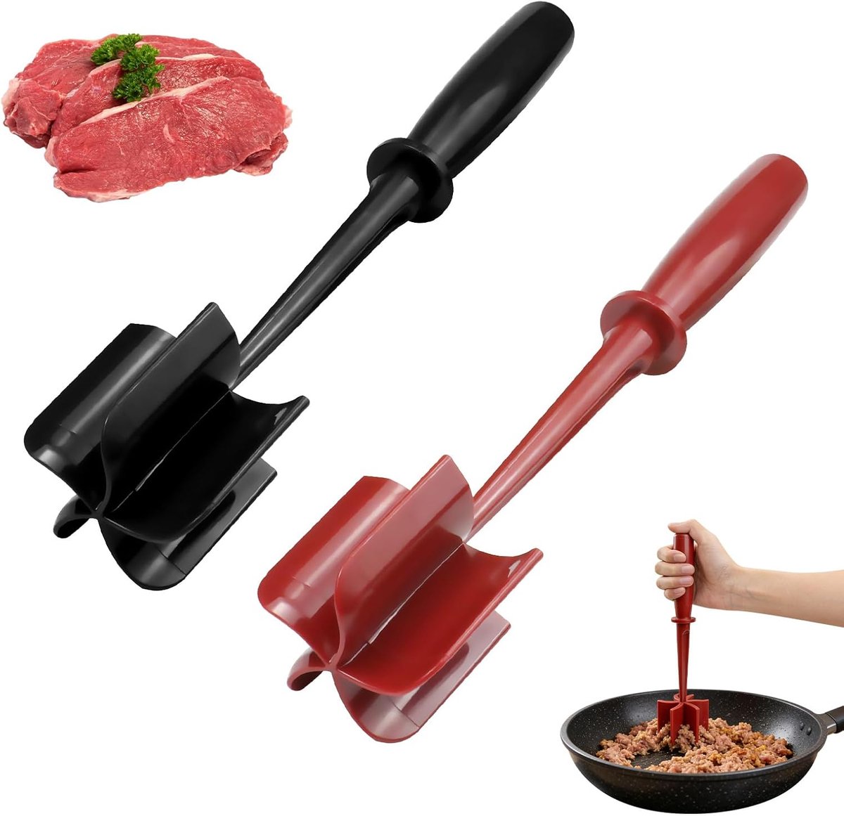 Versnipperaar Vleesmolen Grinder - 5 Schuine Messen voor Rundvlees en Hamburger - Hittebestendig en Anti-kras voor Pannen - Geschikt voor Aardappelen en Zoete Aardappelen - Zwart en Rood - Set van 2 Stuks (1 Zwart + 1 Rood)