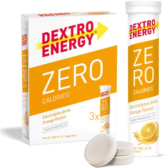 Verpakking met Dextro Energy Zero Calories sinaasappelsmaak elektrolytendrank, 3 buisjes en 3 losse tabletten.
