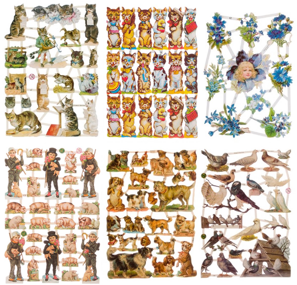 Poëzieplaatjes - 6 vellen - plaatjes - hobby - creatief - decoupage - knutselen - scrapboek met katten - boerderijdieren - bloemen - vogels - honden - duiven