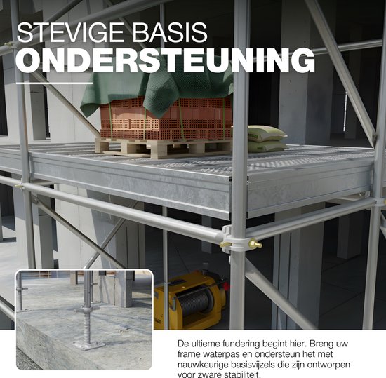 Afbeelding van een steiger met een stevige basis, ondersteund door voetspindels. Toont een verroeste standaard voetspindel naast een gegalvaniseerde GeZu voetspindel.
