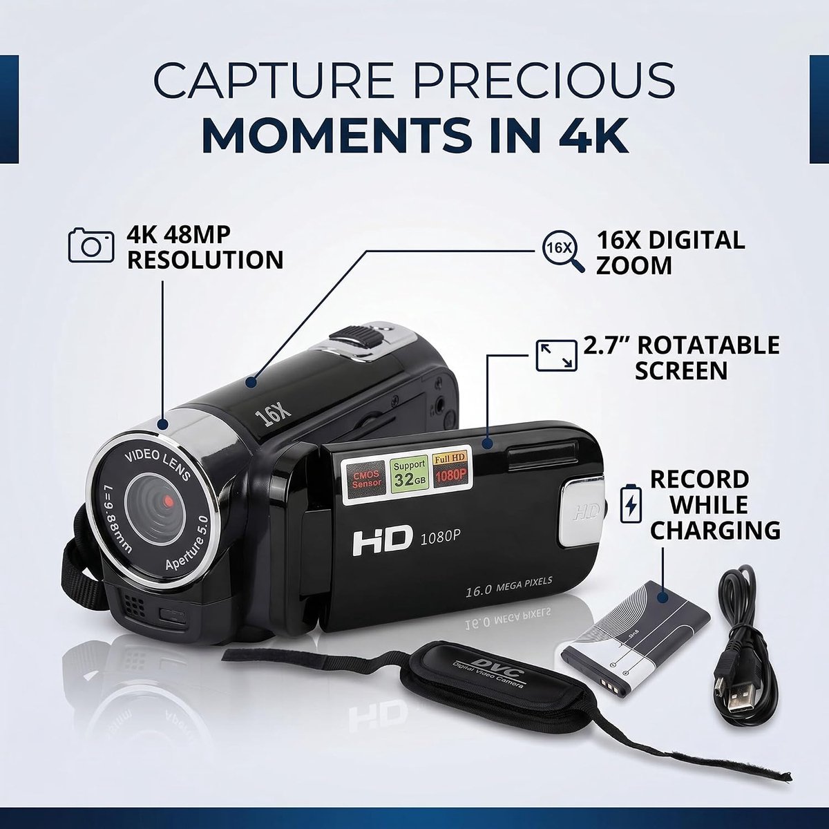 SnelShoppen - 4K Video Camera met 48MP, 2.7 Inch Rotatable Screen, 16x Digital Zoom en Selfie Functie - Ideaal voor Feest, Camping, Kinderen en Tuin -