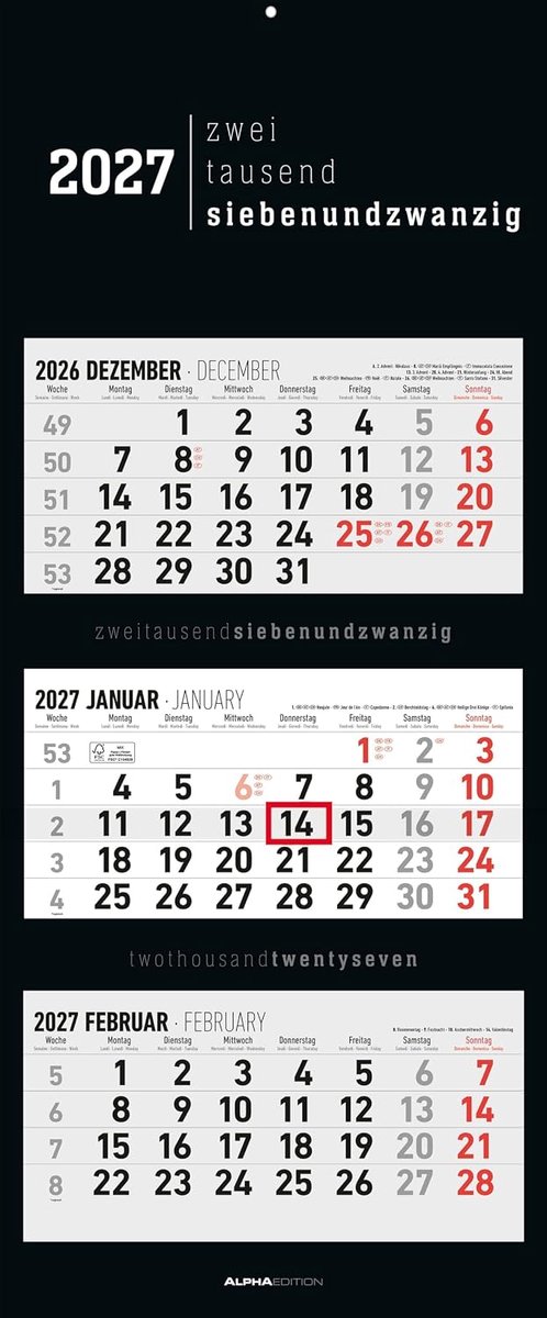 SnelShoppen - 3-Monatskalender Black 2027 - Wandkalender 33x80 cm met Datumsschieber, Jaaroverzicht, Faltbaar, Schoolvakanties, Voor Kantoor & Thuis