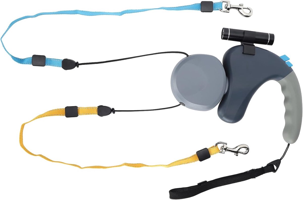SnelShoppen - Double Dog Lead - Uittrekbare hondenriem met LED-lamp voor twee honden - Lockable, verlengbare hondenlijn met dubbele kop en verstelbare