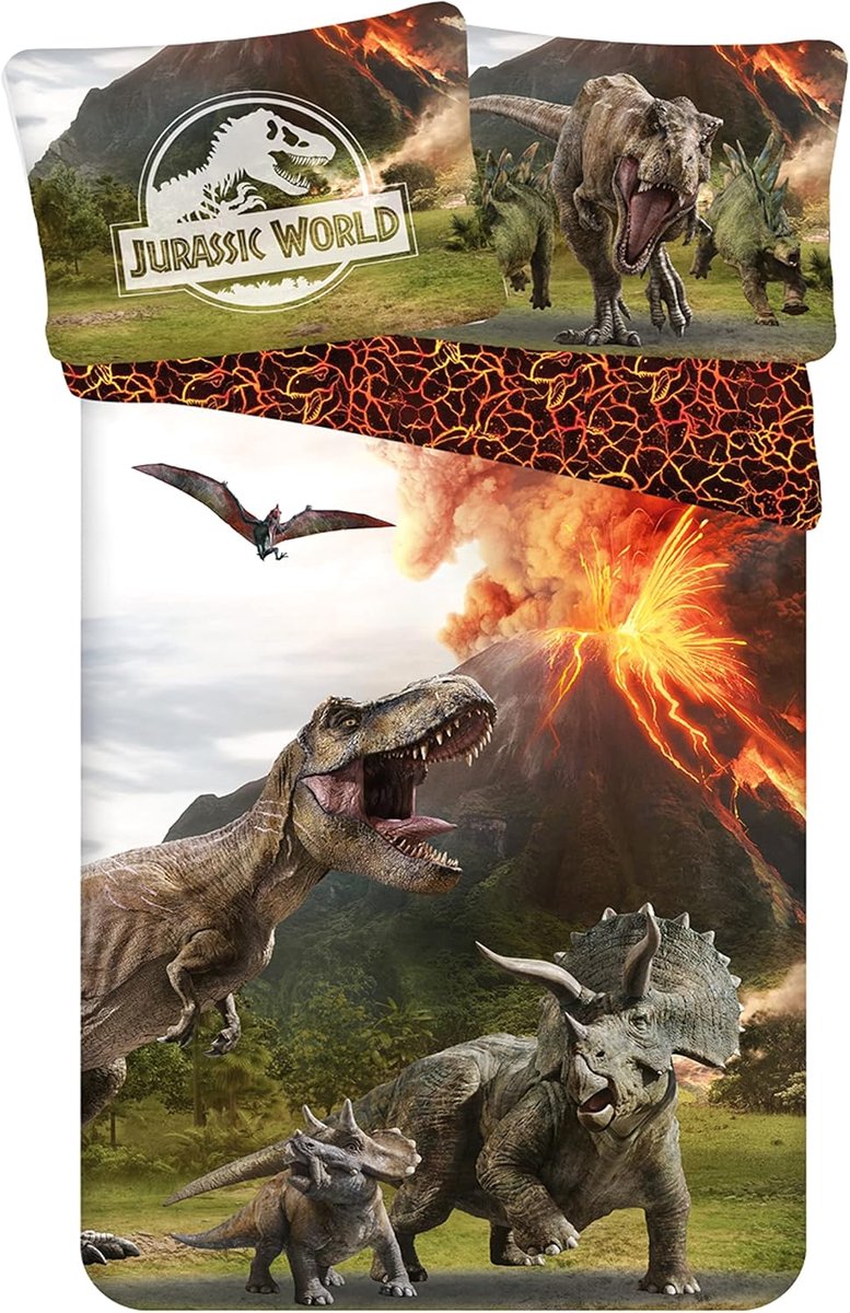 SnelShoppen - Bedlinnen Set 2-delig, Dekbedovertrek 135x200 cm + Kussensloop 80x80 cm, Omkeerbaar, 100% Katoen, T-Rex Dinosaurus Motief, Kinderbedlinn