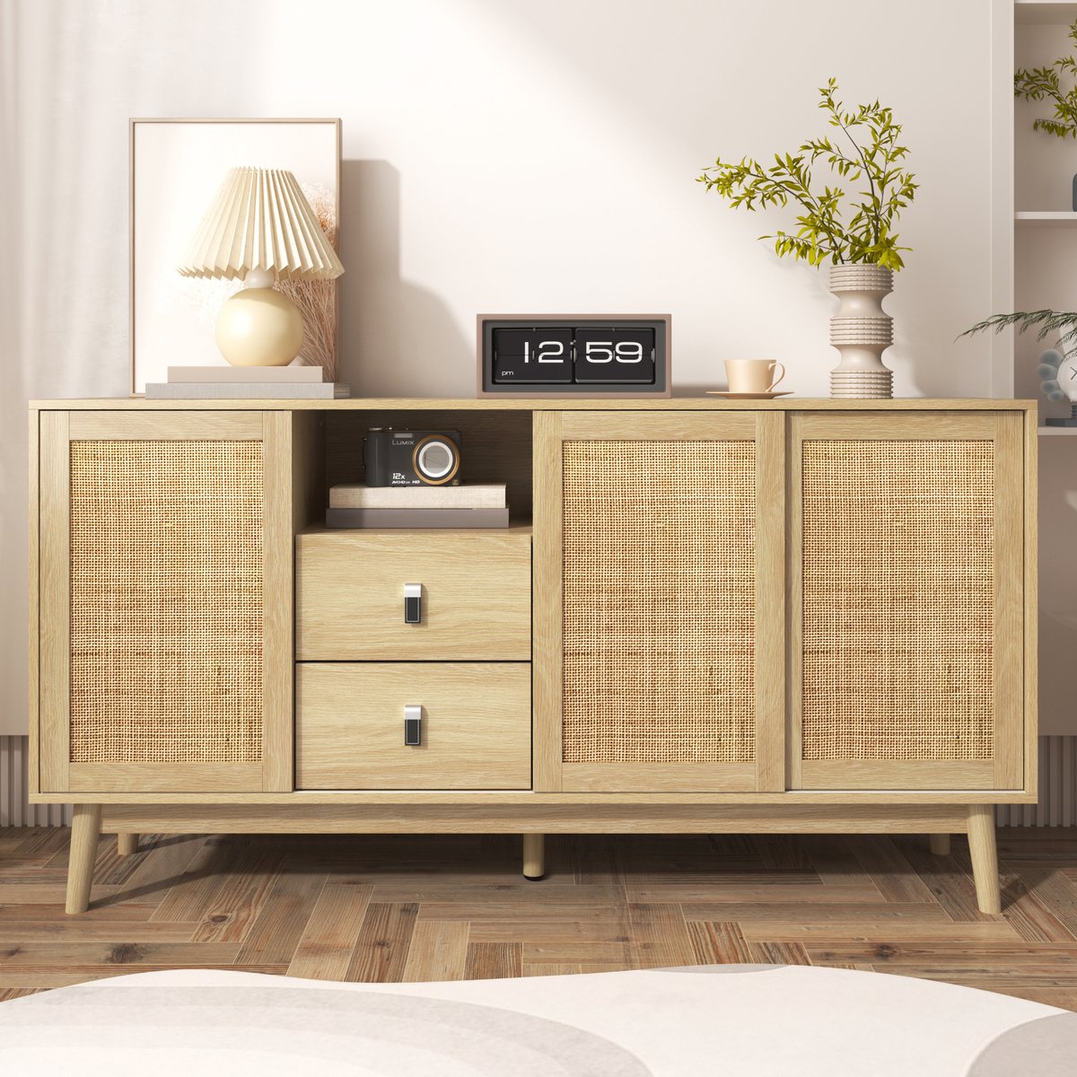 Wishdor - Dressoir met 3 schuifdeuren en 2 lades - echt rotan - moderne houtlook - voor woonkamer en hal - 155 x 38 x 80 cm