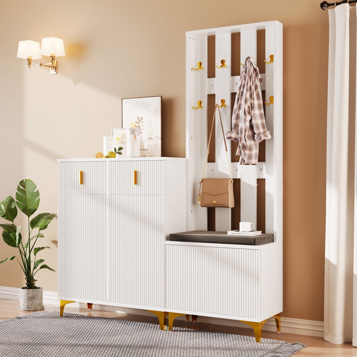 Wishdor - Schoenenkast - Garderobeset met zitbank, 2 lades en 2 deuren - Modern halmeubel - Entree met kapstokhaken - Houtlook - Wit - 143,5 x 35,2 x 180,5 cm