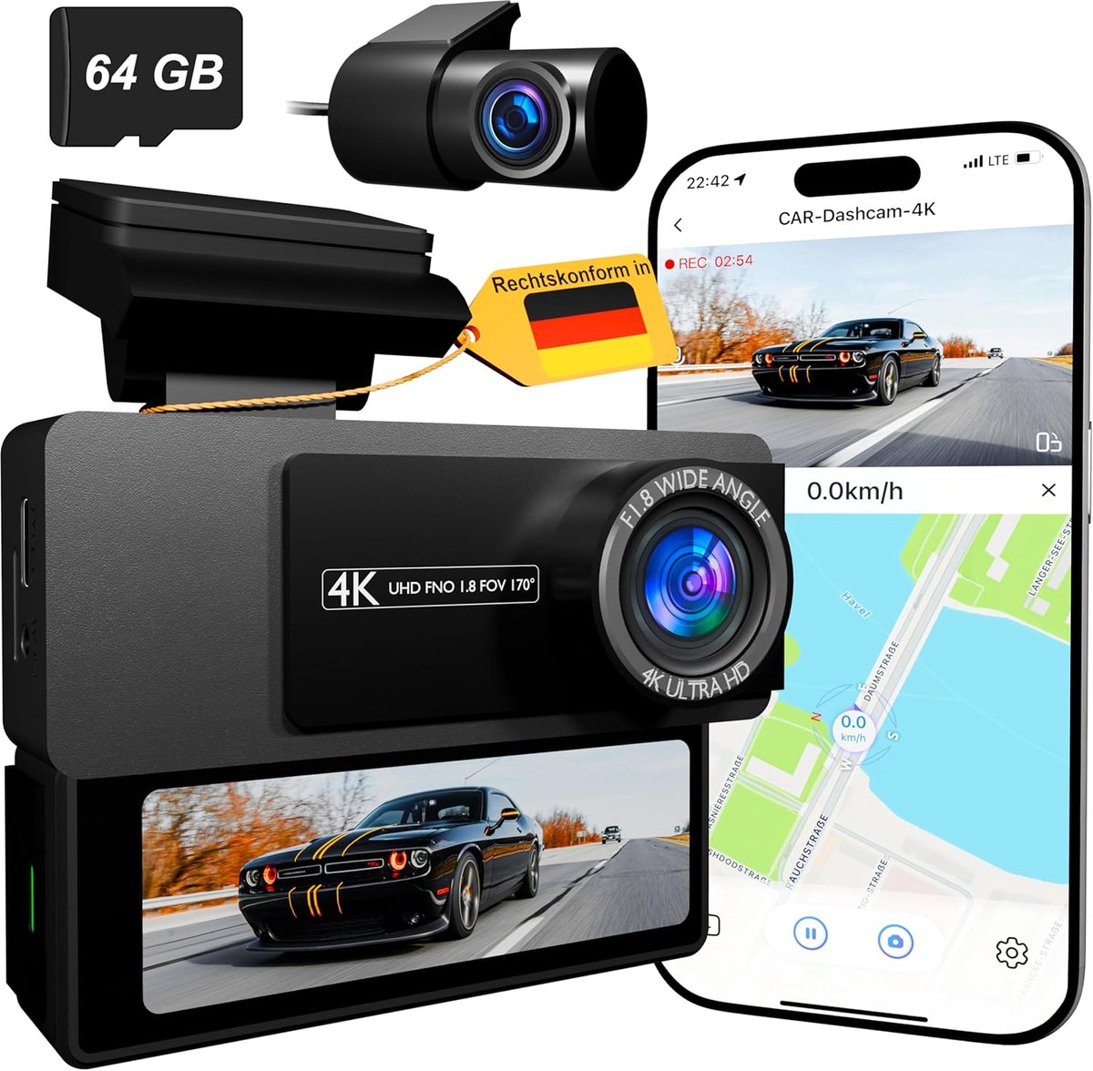 SnelShoppen - 4K/2K Dashcam Set voor Voor- en Achterzijde, 64GB SD Kaart, 3.2 Inch IPS Scherm, Nachtzicht, Parkeerbewaking, Loopopname, G-Sensor, WDR,