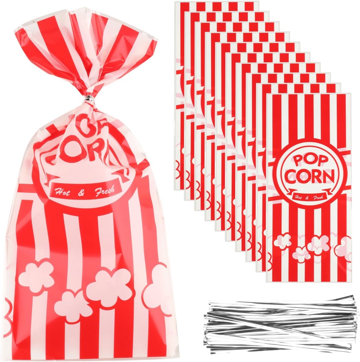 SnelShoppen - 200 stuks herbruikbare popcornzakken van kraftpapier met kabelbinders - Rode en witte popcorndozen voor feest, bioscoop, Kerstmis, Hallo