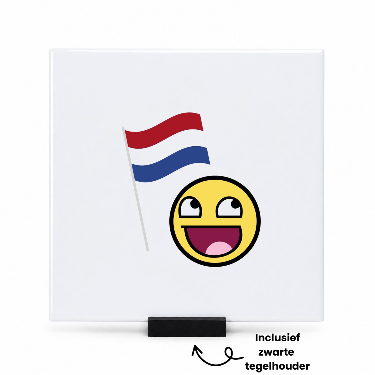 Hacebo Nederlandse vlag smiley tegeltje met tegelhouder - Nederland - Nederlanders - tegeltjes met tekst - boeren - verjaardagscadeau - kado - spreuktegels - 15x15 CM Wit