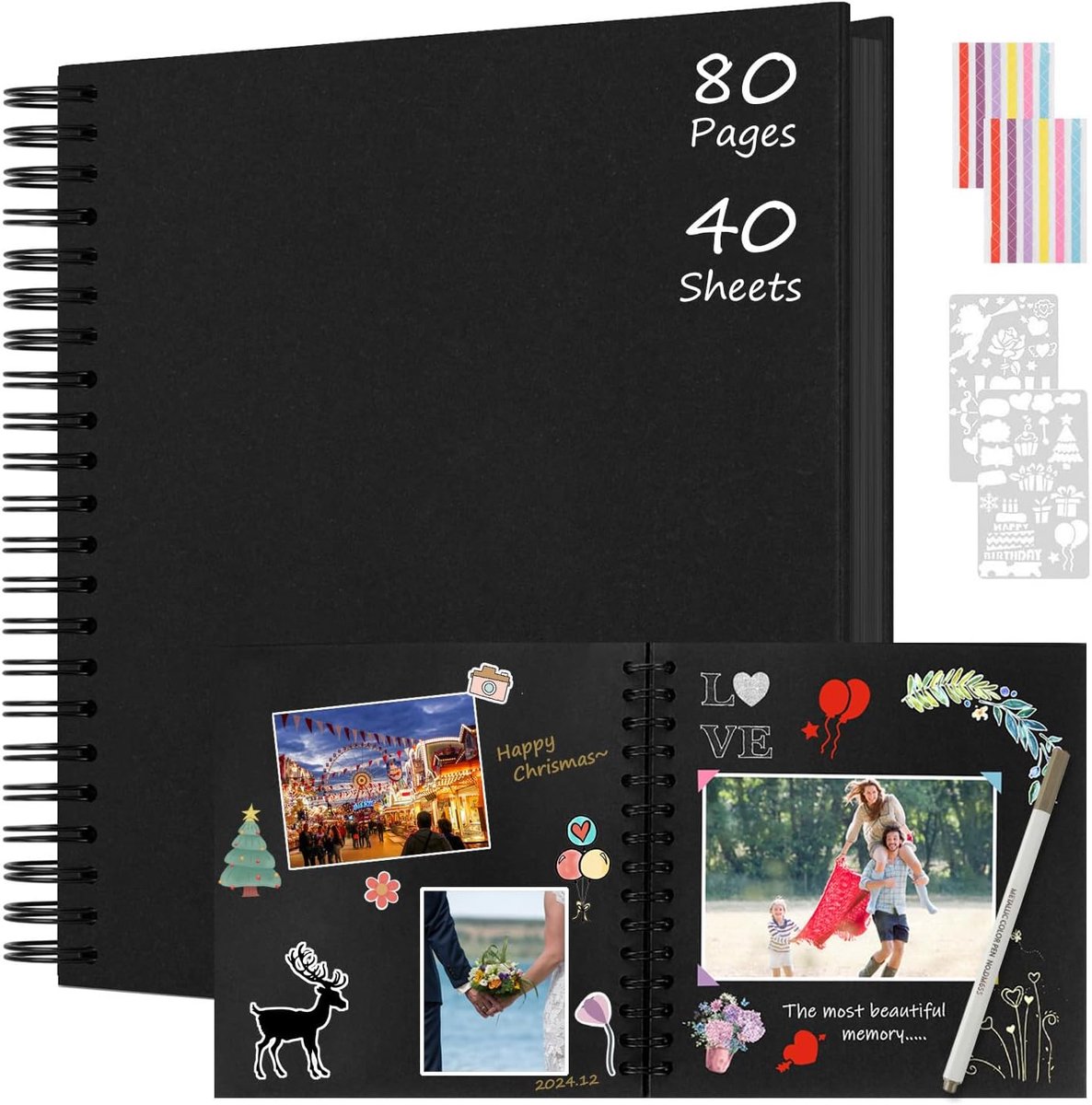 SnelShoppen - Photo Album 30x30 cm Spiral Binding, 80 Pagina's, Gastenboek voor Trouwerijen, Kerst, Valentijn, Verjaardag, Anniversary, Zwart