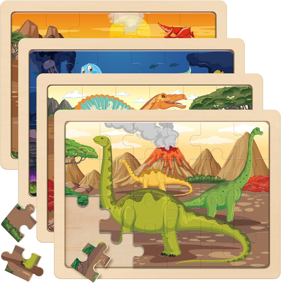 SnelShoppen - Dinosaurussen Puzzel voor Kinderen, 4 x 24 Stukken Houten Puzzels, Educatief Speelgoed voor 3-6 Jaar, Veilig en Duurzaam, Perfect Cadeau