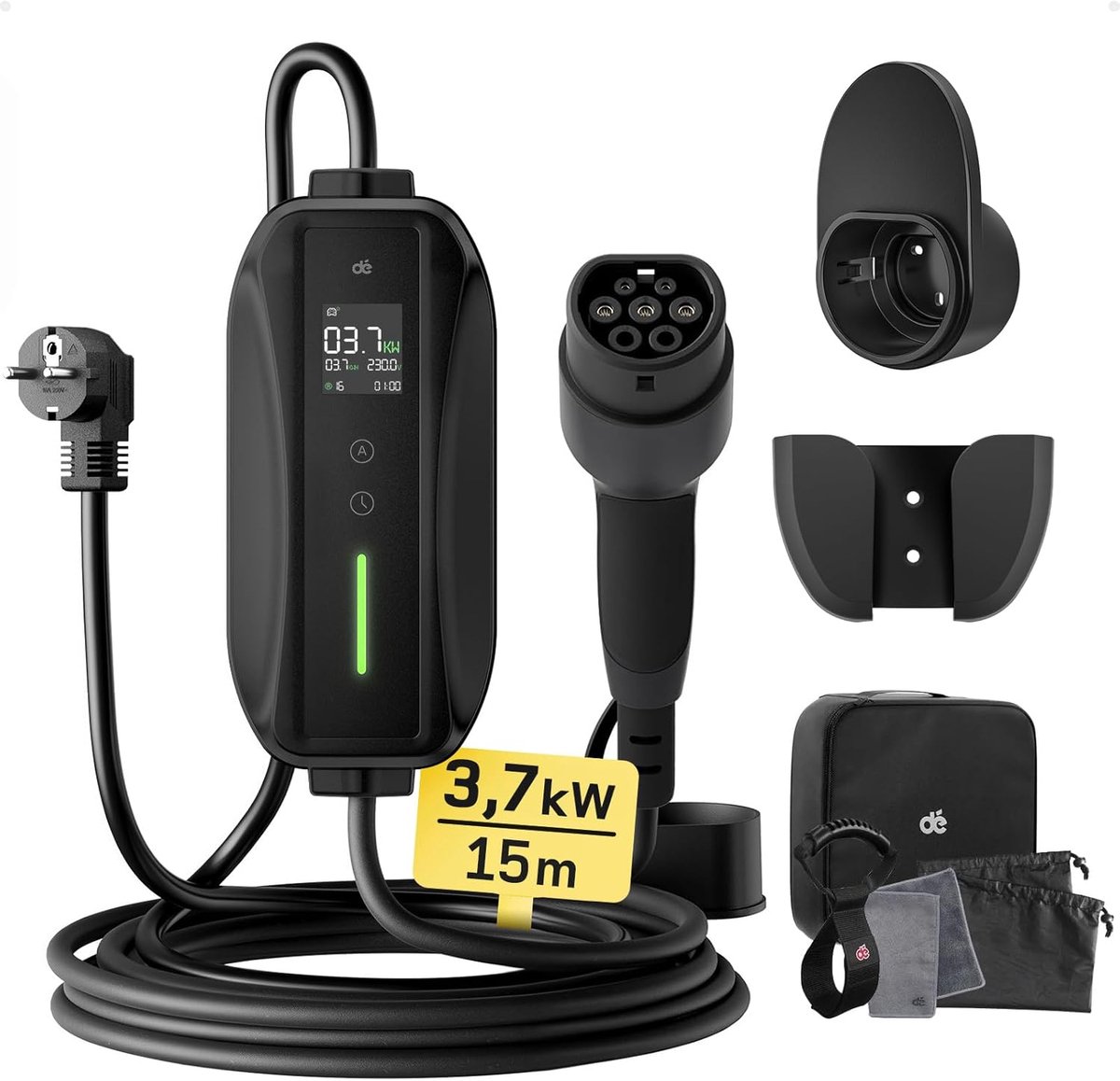 SnelShoppen - Type 2 Oplaadsnoer Schuko 3.68kW 15m, 1-fase EV Oplader met Digitaal Display voor Elektrische Auto's, Snellader voor PHEV/EV, Plug & Pla