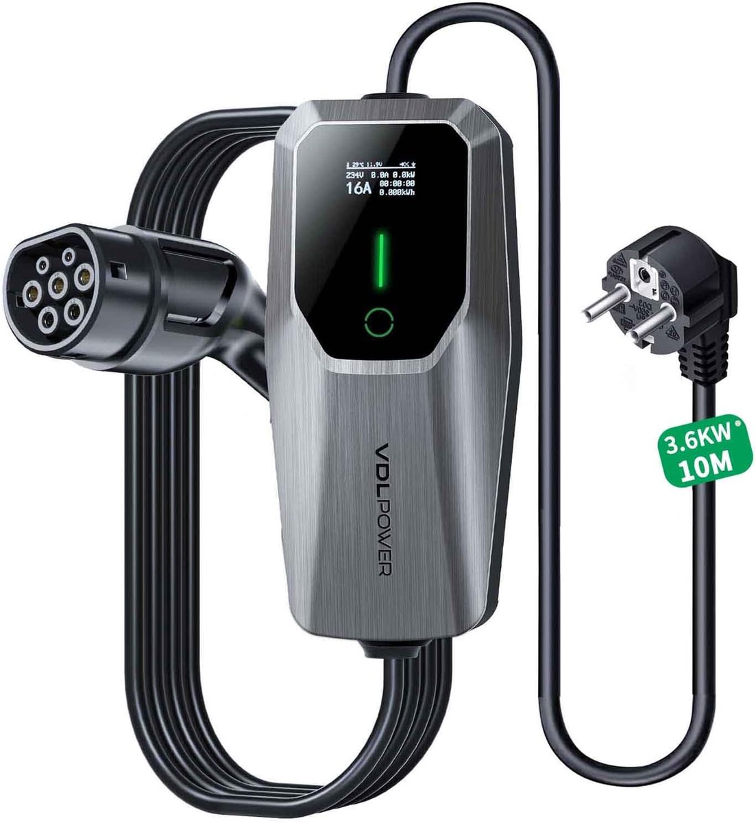 SnelShoppen - Type 2 Oplaadkabel Elektrische Auto 10 m - 3.6 kW Schuko EVC, LED Display, Draagbare EV Lader met Instelbare Stroom 6A-16A voor Thuis en