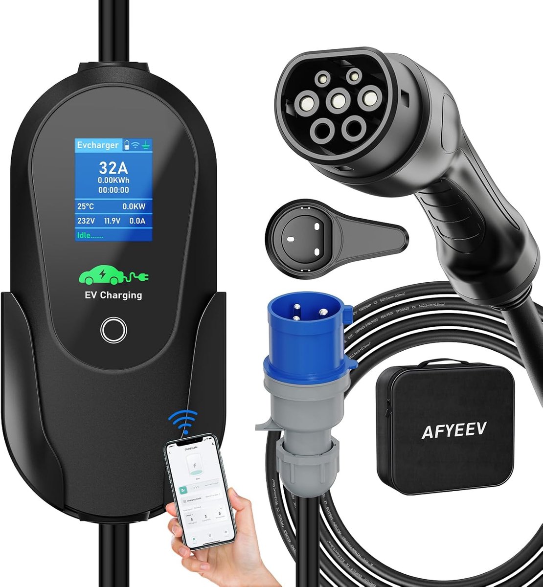 SnelShoppen - Oplaadkabel Type 2 7,2 kW, 8 m, 1-fase, CEE-stekker, Stroomregeling 6-32A, Mobiele Wandbox met WiFi-Bluetooth, Ideaal voor EV-opladen Th