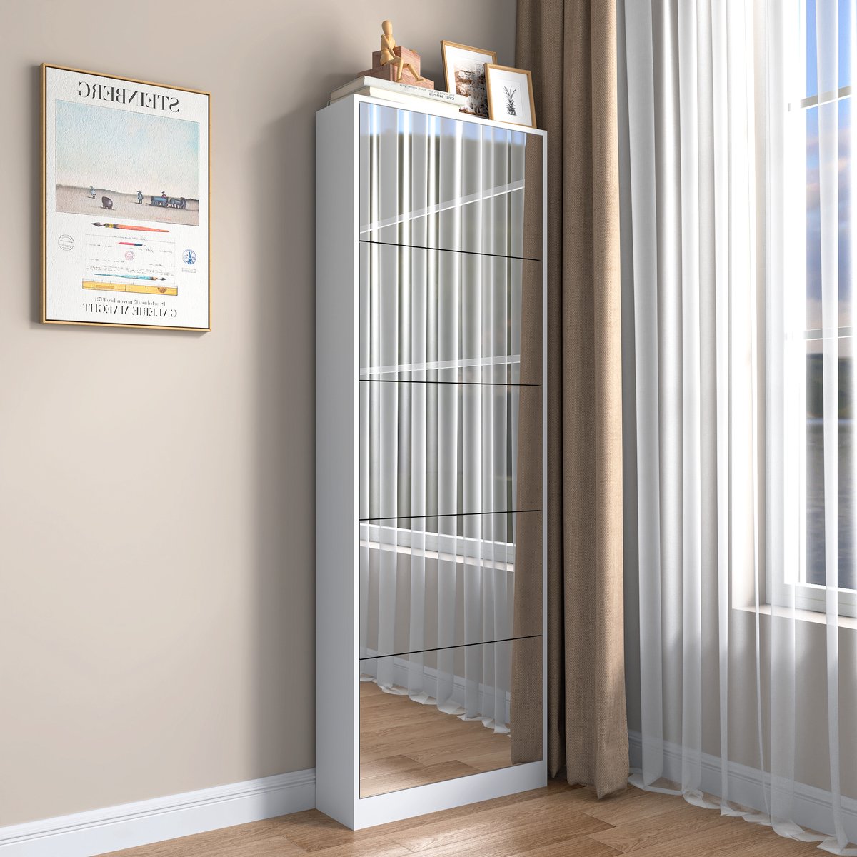 Wishdor - Schoenenkast - Smal met passpiegel - 5 kleppen en opbergruimte - Modern - Voor hal en entree - Houtlook - Wit - 63 x 19,6 x 185 cm