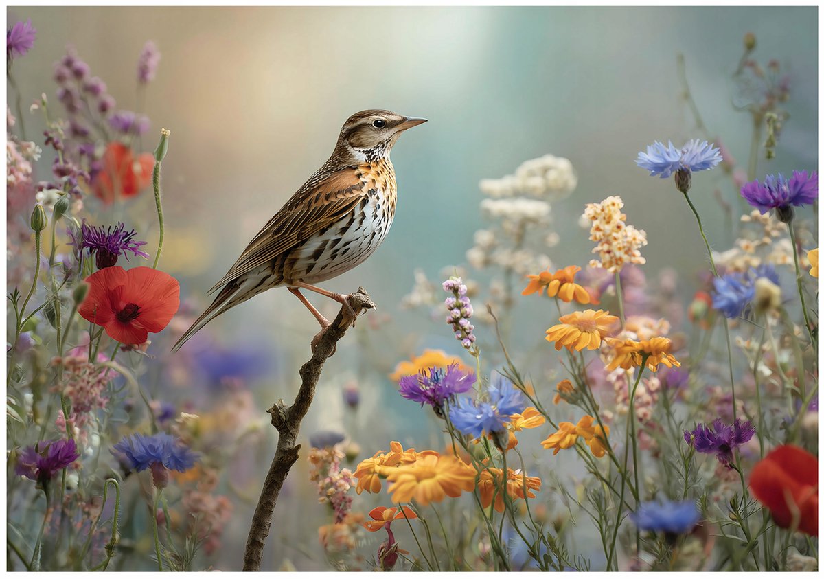 WALLARENA - Fotobehang - 200x140 cm - wilde bloemen, vogel en weide voor woonkamer en slaapkamer