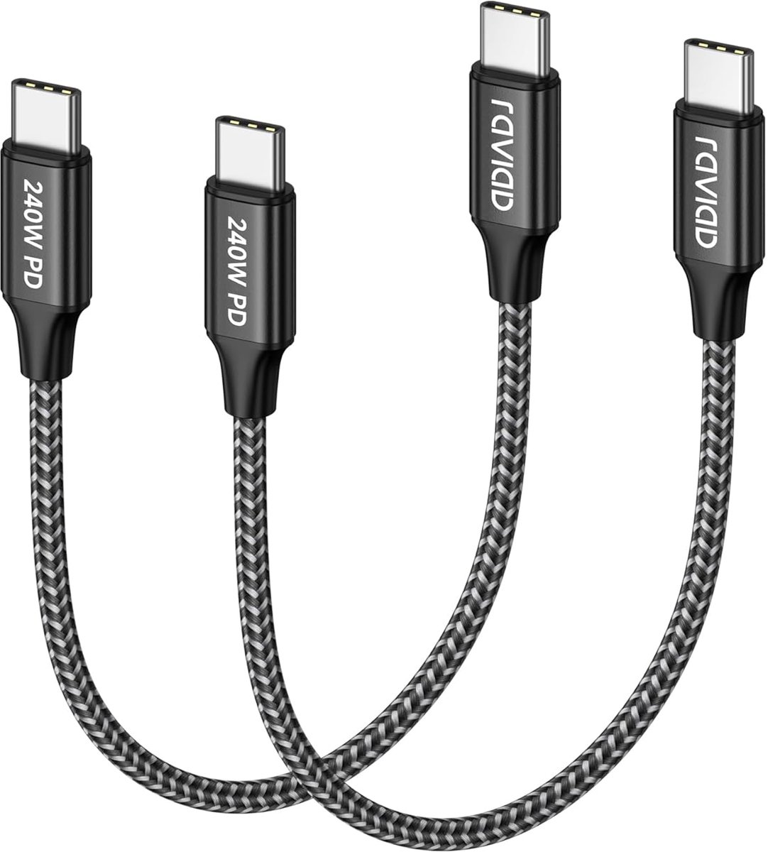 SnelShoppen - USB C naar USB C kabel kort [2 stuks 15cm] 240W PD snellader kabel nylon - Oplaadkabel voor telefoon, laptop, powerbank, gaming
