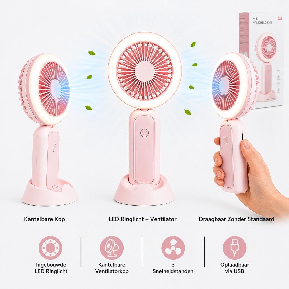 Litalife Handventilator - Opvouwbaar - roze - USB-C Oplaadbaar - Roze met Rondom Lampje