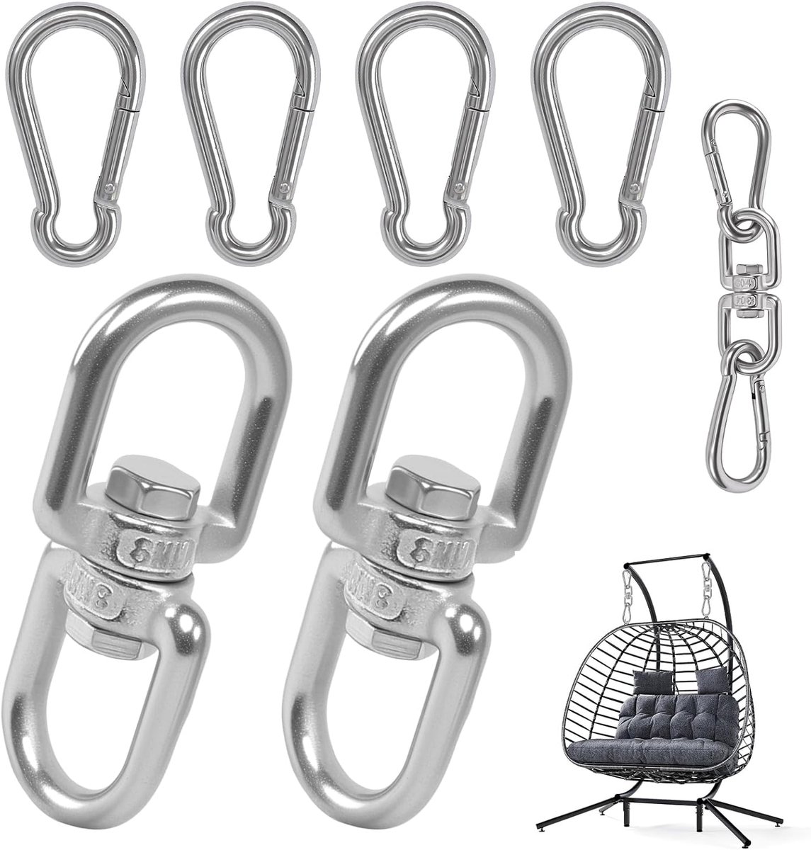 SnelShoppen - GOSHIES M8 Draaiwartel 2 stuks 304 roestvrij staal met karabijnhaken 450 kg - Draaibare draairing voor hangstoelen, schommels, aerial si