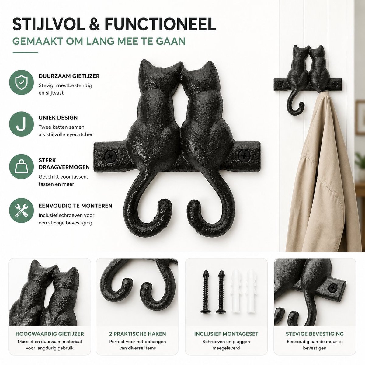 Arvion Gietijzeren Muurhaak - Set van 2 Vintage Katvormige Haken voor Handdoeken, Kleding, Sleutels, Hoeden en Tassen - Decoratieve Wandhanger voor Keuken, Badkamer, Slaapkamer - 12,5 x 12 cm - Zwart