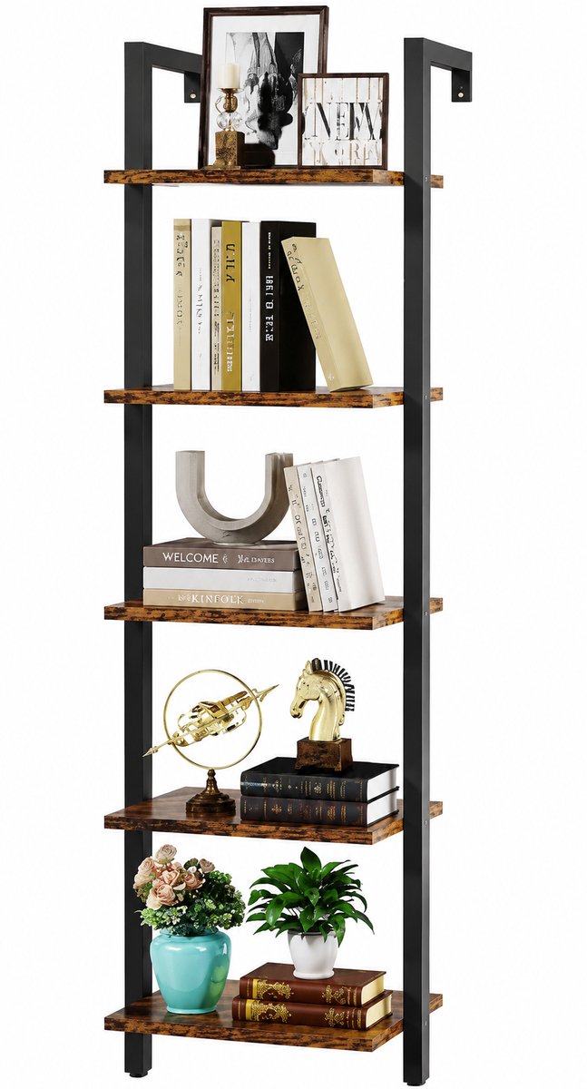 Ladderkast Met 5 Niveaus - Industriële Boekenkast Met Houten Planken En Metalen Frame - DIY Staand Rek / Wandrek Voor Boeken, Planten En Decoratie - Rustiek Bruin Voor Woonkamer, Kantoor En Balkon