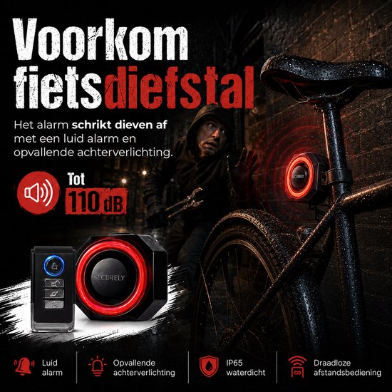Zwart fietsalarm met rode ring en afstandsbediening naast fiets in steeg, met icoons voor alarm, licht, waterdichtheid.