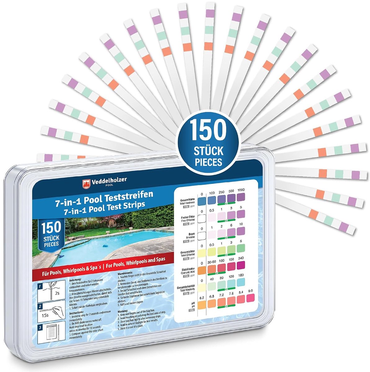 SnelShoppen - Veddelholzer 7-in-1 Pool Test Strips - 150 Stuks - Meet pH, Chloor, Bromine, Hardheid, Cyanurinezuur en Alkaliteit voor Schone Zwembaden