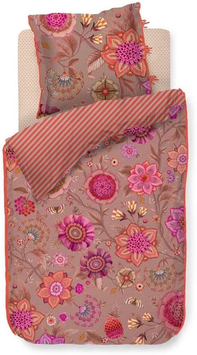 SnelShoppen - Luxe Dekbedovertrek 135x200cm - 100% Katoen Percale - Roze Bloemen Vlinders Bessen Bladeren - Flexibel Omkeerbaar - Perfect voor Kinderk