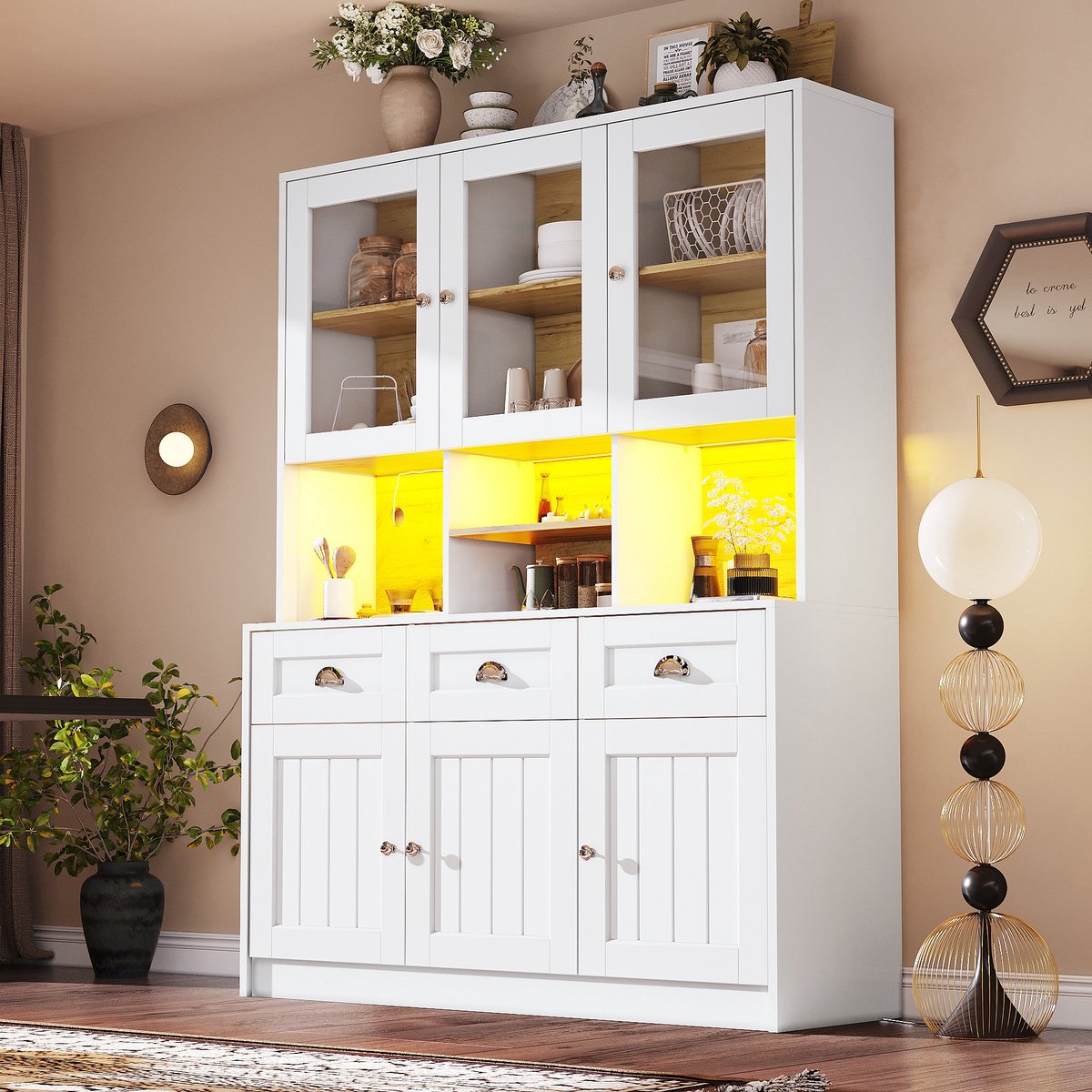 Wishdor - Keukenkast - Hoge buffetkast met LED-verlichting en verstelbare planken - retro vitrinekast voor keuken of eetkamer - houtlook wit - 140 x 40 x 175 cm