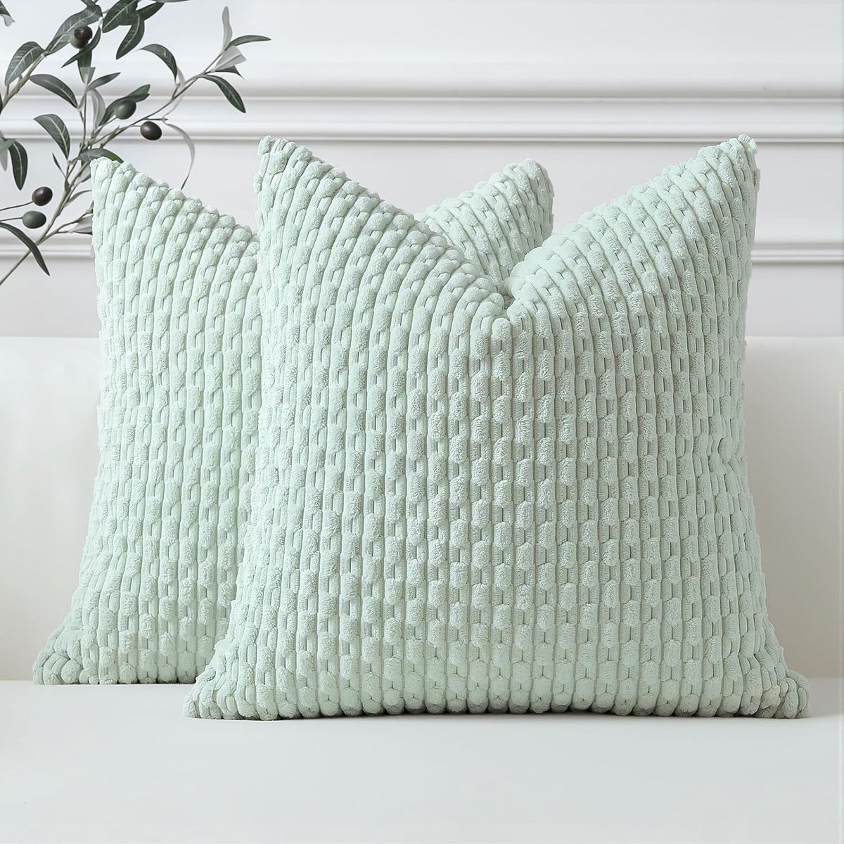 SnelShoppen - Set van 2 Lichte Groene Zachte Corduroy Decoratieve Kussenhoezen 50x50cm Boho Gestreepte Kussenslopen voor Bank Woonkamer Tuin Farmhouse